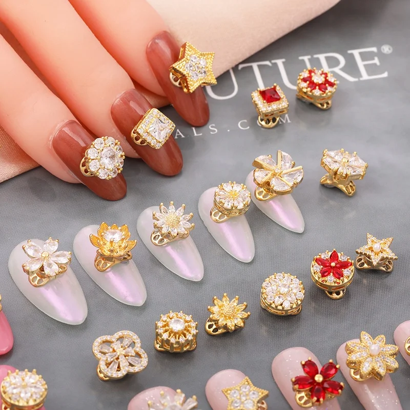 

Paso Sico Japanese Luxury 28 Designs 3D Manicure Jewelry Zircon Rotating Gold Flower Nail Art Charms for DIY Nail Decoration