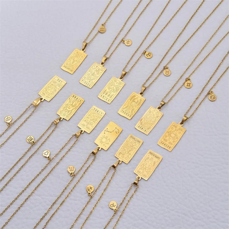 

14 k New Trendy Stainless Steel witchy Square quantum Necklace Poular Tarot Necklace 18K Gold Plated Medallion Zodiac Necklace