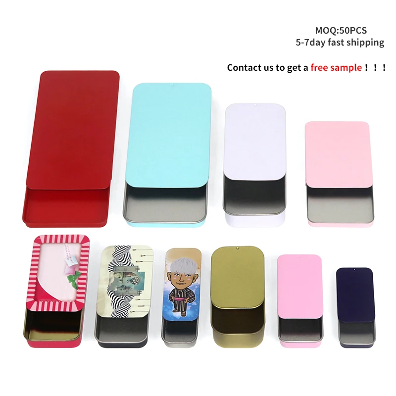 

Custom empty flat slide tin containers lip balm solid cologne cosmetics candy metal tins box sliding lid tin case for sale