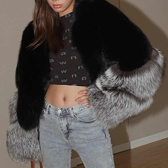

QIUCHEN QC21055 Fashion Winter Short Luxury Fluffy Coat Young Womens Genuine Silver Fox Fur Jacket, Black