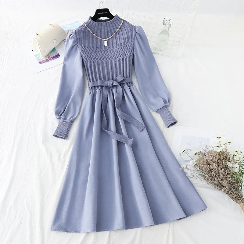 

Stitching knitted dress women autumn and winter 2021 new French retro corduroy base skirt women