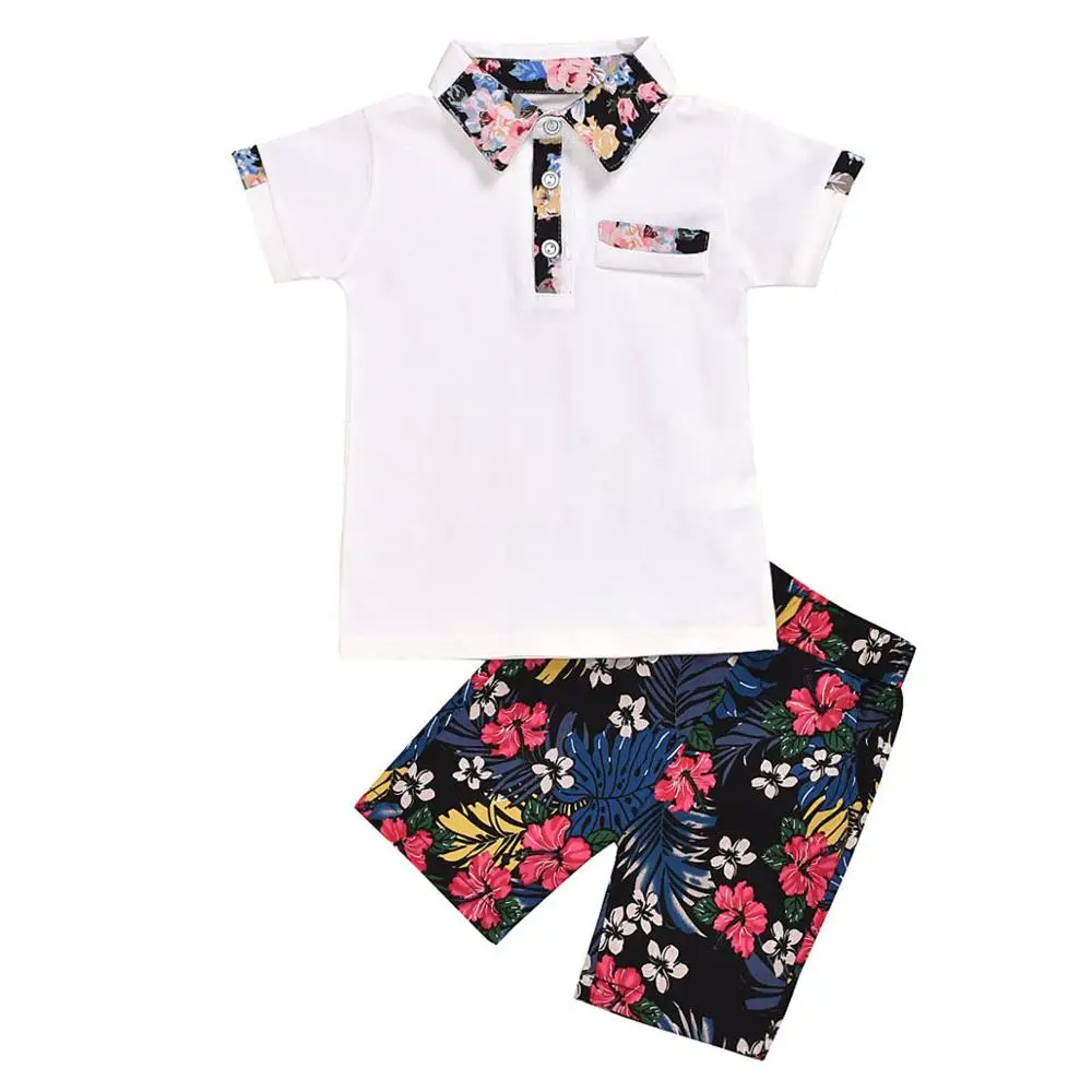 

Toddler Infant Baby Boys Summer Holiday Casual Style Clothes Flower Tops Solid Shorts Pants Outfit Set Boys Clothing Sets, White t shirt and floral pants