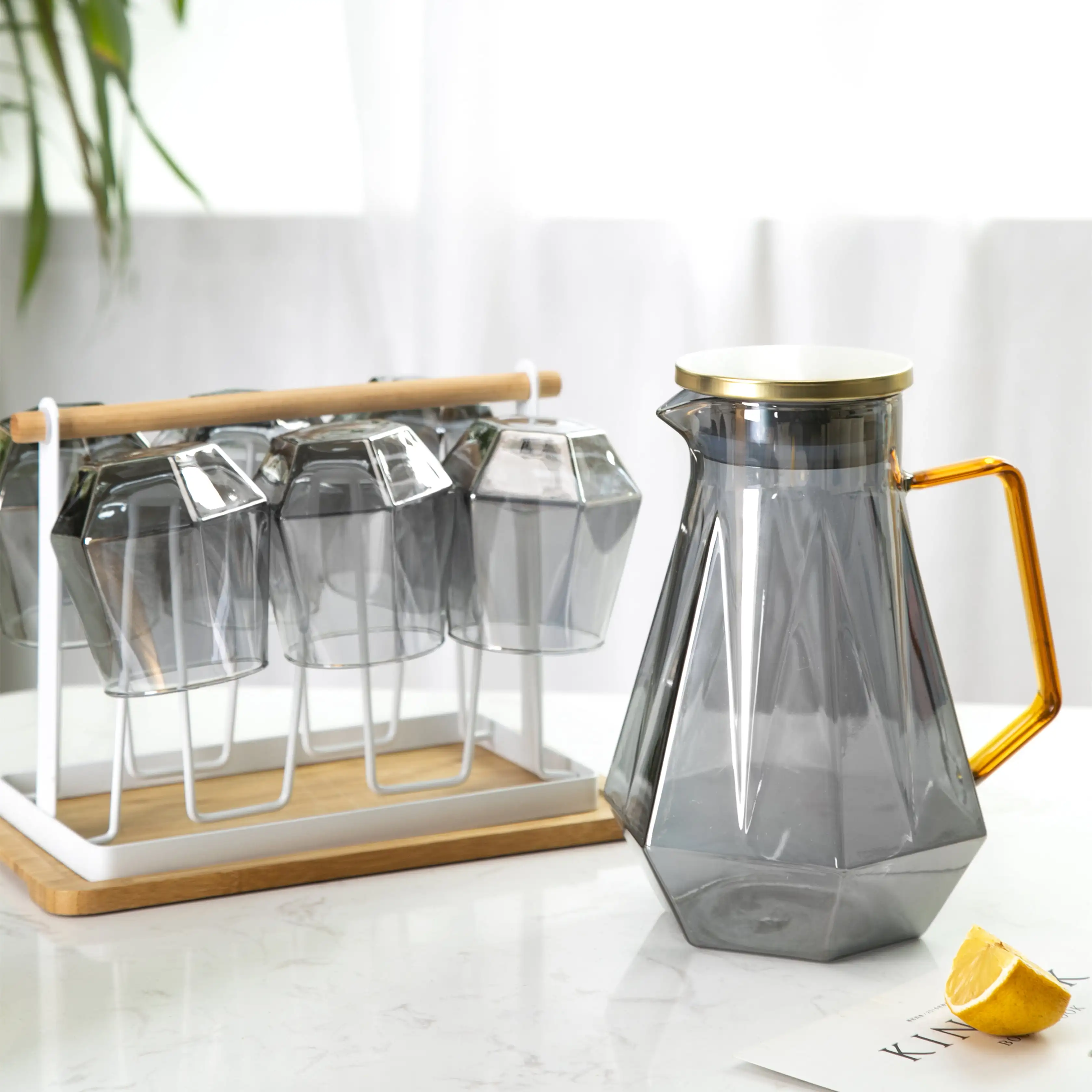 

Promotional gift Hexagonal Heat Resistant Borosilicate Drinkware Colored Amber and Grey Glass water tea Jug with Water Cups
