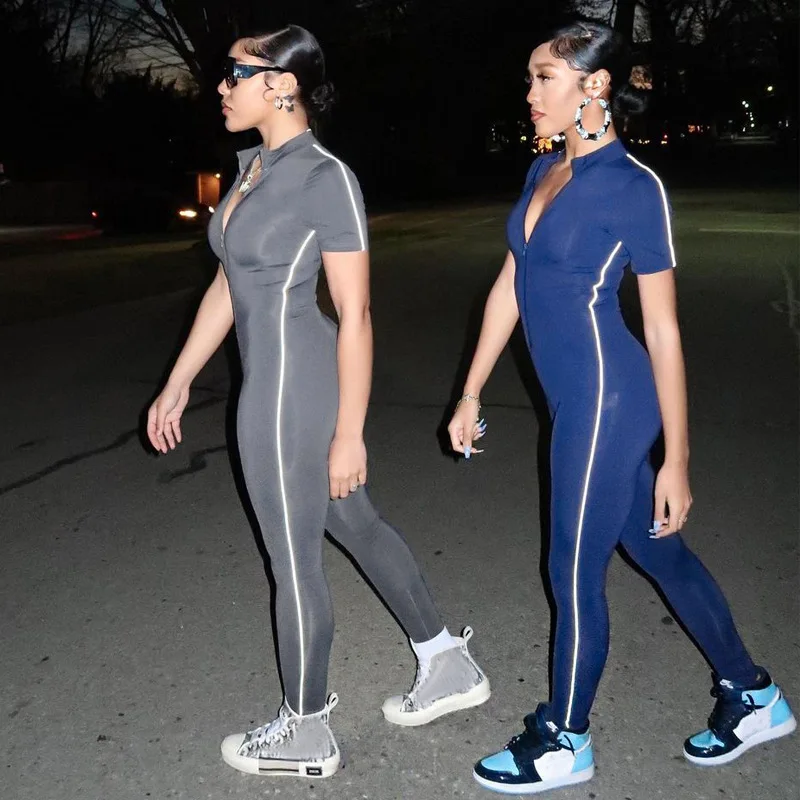 

FS3775A Casual Bodycon reflective stripe Jumpsuits Sporty Workout Active Wear 2021 Fashion Woman playsuits