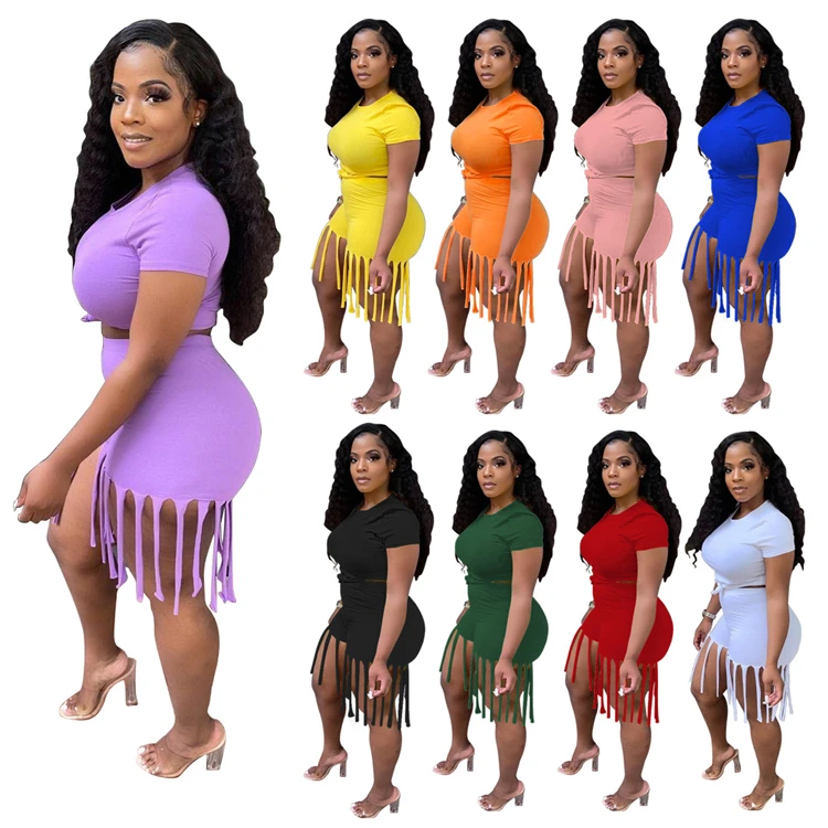 

DUODUOCOLOR 2021 fashion summer two piece sets short set cute pure color plus size tassel exercise pants D97784