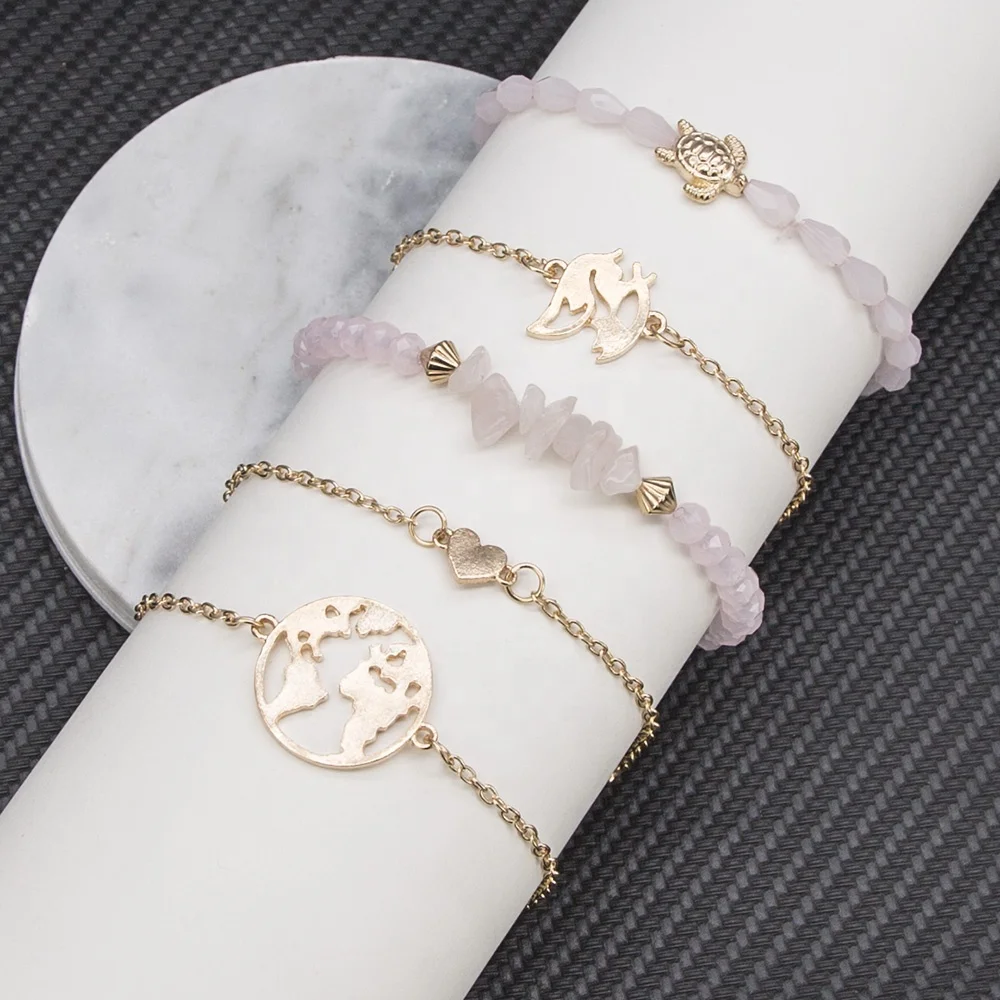 

Multilayer Set Fashion bracelet Jewelry fox tortoise heart map 5pcs/set handmade pink bead bracelet for women gift, Picture