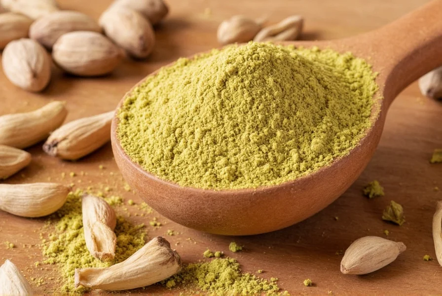 Kardamom Pulver in Glasbehälter mit Messlöffel