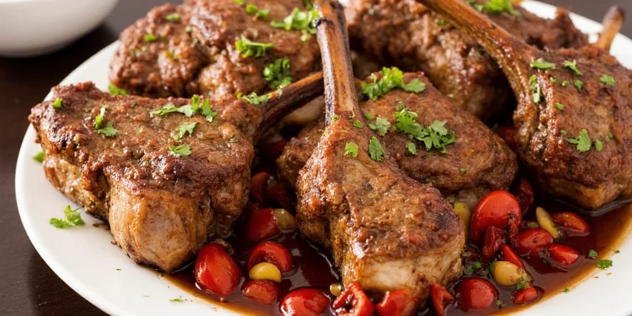 Chef searing lamb chops in a hot pan