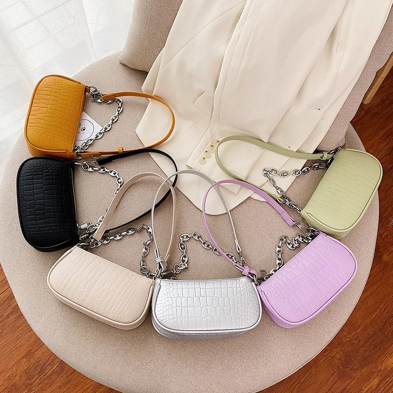 

2020 Chain Designer Armpit Bags Female Phone Handbags Luxury Crocodile Pattern Bags Mini PU Leather Shoulder Bag Women, White black and more
