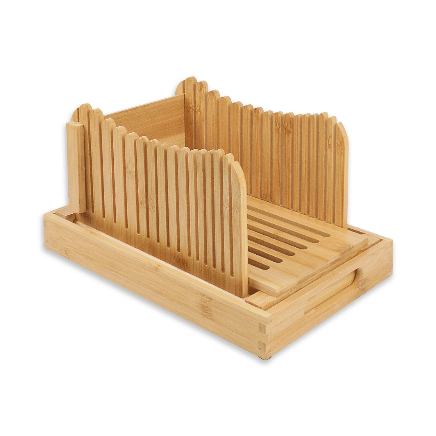 

3 Thickness Adjustable Bamboo Bread Slicer Compact Foldable Bread Slicing Guide With Crumb Catcher Tray, Natural bamboo color