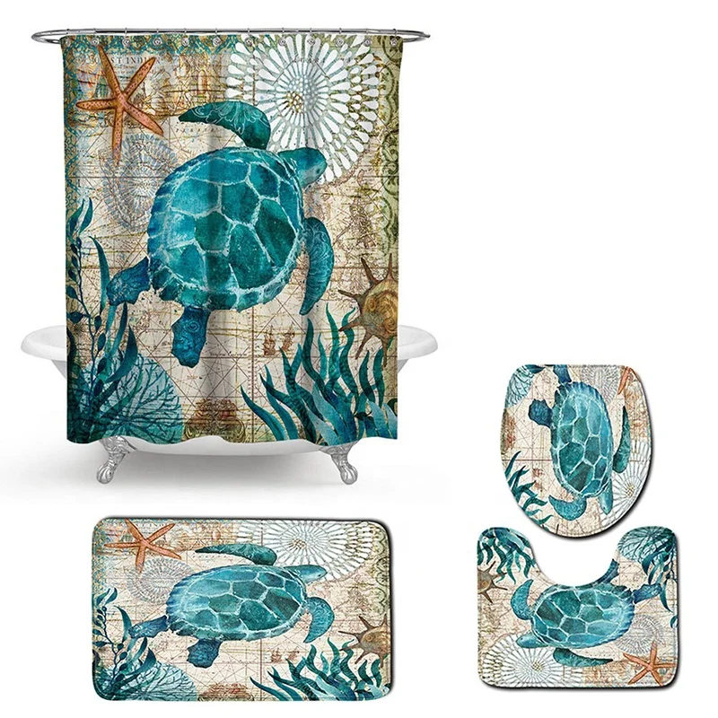 

Sea Turtle Shower Curtain Sets With Non-Slip Rugs, Toilet Lid Cover And Bath Mat, Nautical Ocean Waterproof Shower Curtains