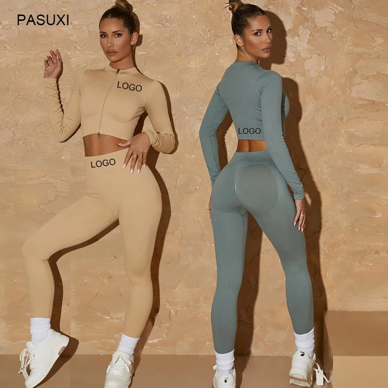 

PASUXI Women 6 Piece Ribbed Yoga Set Zipper Natural Color Activewear Jogger Seamless Sportswear Fitness Gym Clothing, As pictures