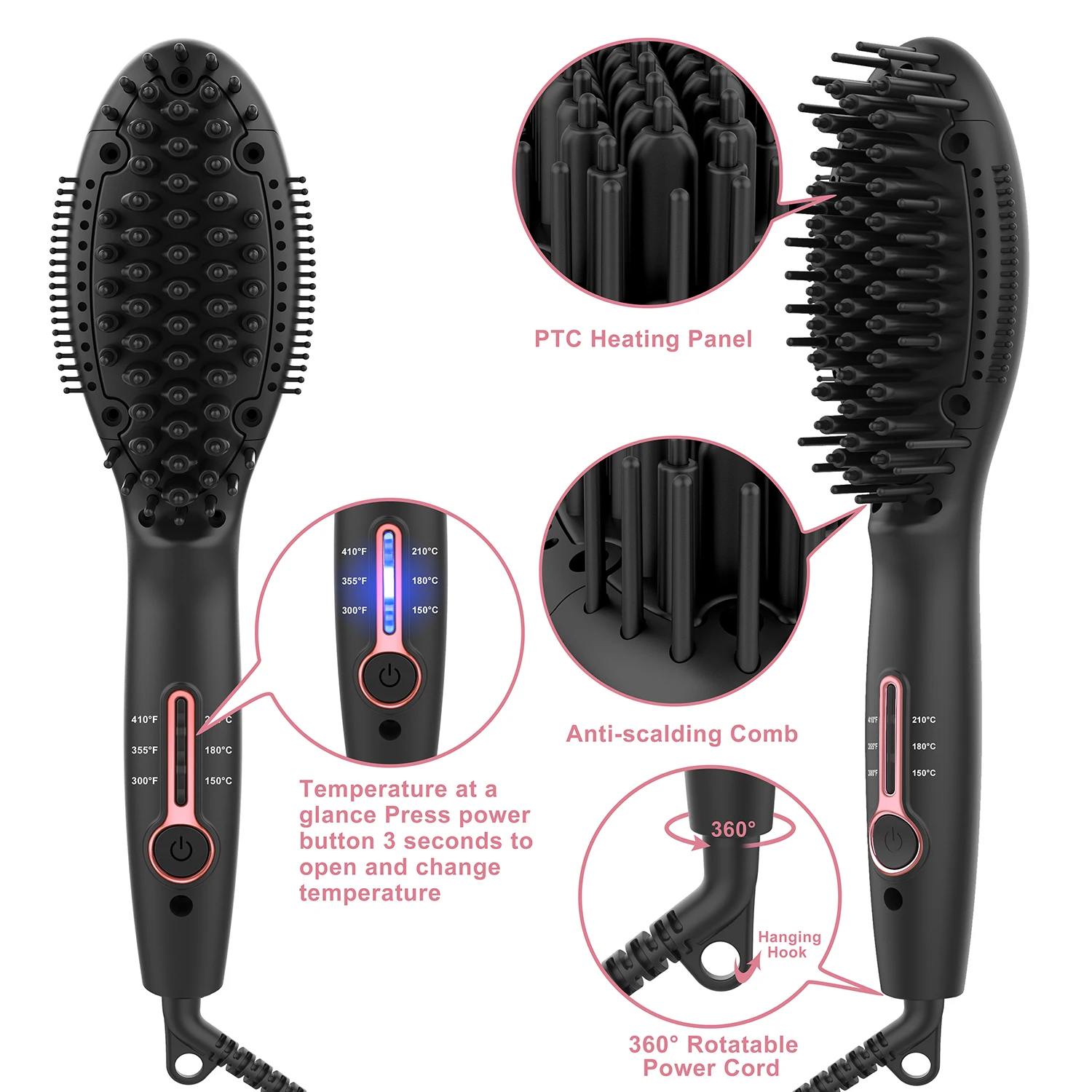 

Temperature Display Anti-scald Effective Hair Comb 2 in 1 hot electric straight hair straightener brush comb, Black