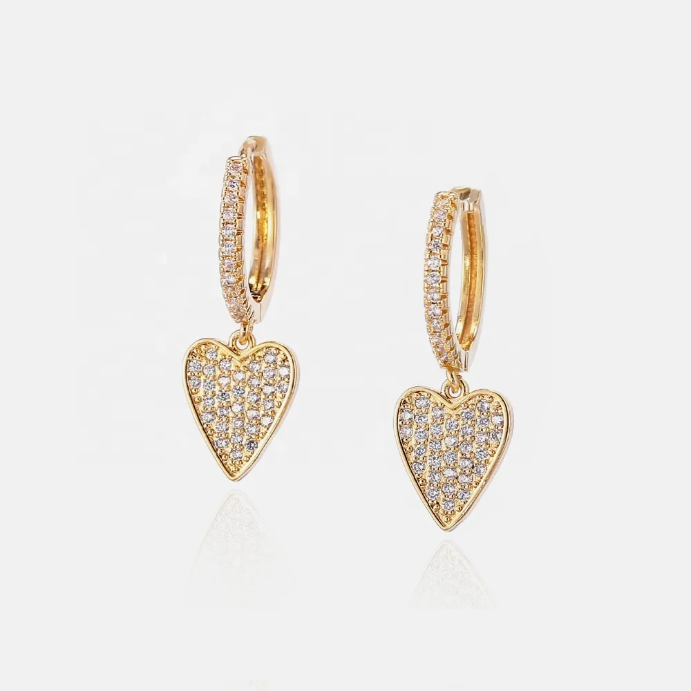 

Pave Hoop Earrings Heart Cubic Zirconia Gold Plate on Brass Drop Earring Wholesale Jewelry Love Hearts Dangle Earrings for Gifts, Silver, gold