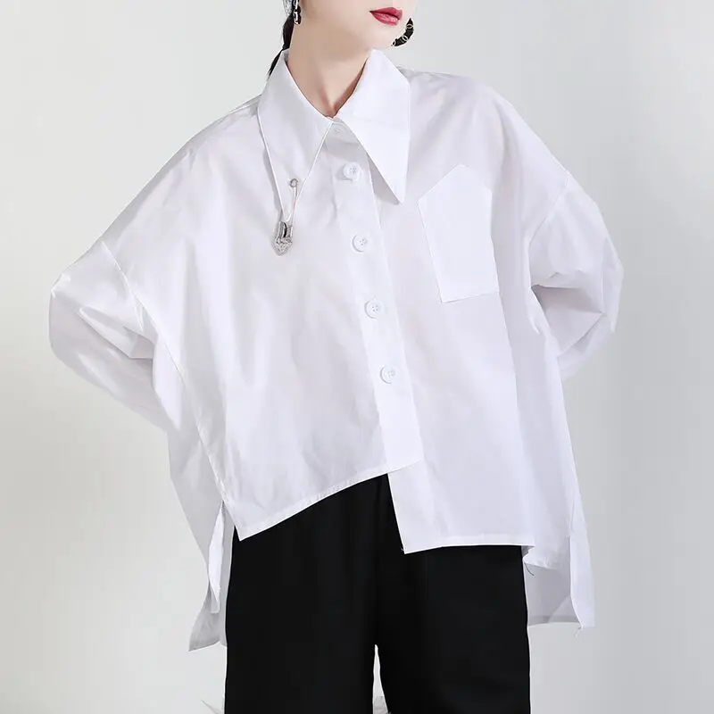

1983's 2021 Autumn Light Mature Style Women's Loose Blouse Niche Design Sense Irregular Asymmetric Shirt Back Slit