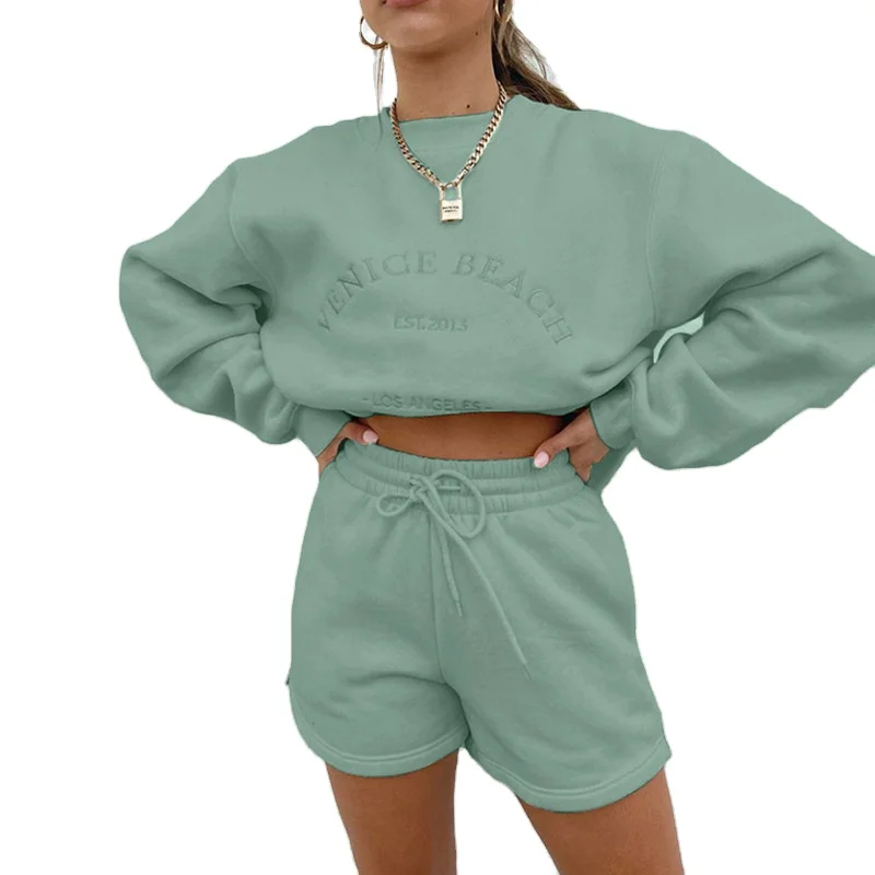 

New Fashion Fall Casual Tracksuit Letter Embroidery Long Sleeve Sweatshirt And Shorts Sweatpants Two Piece Set For Women, Picture color