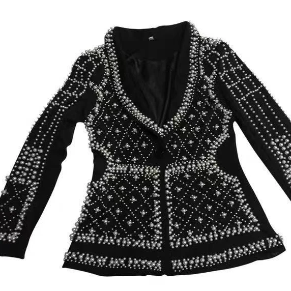 

Women New Black Pearl Blazer Jacket Nightclub Costume Female Guest Ds Singer Dj Performance Party Celebration costume