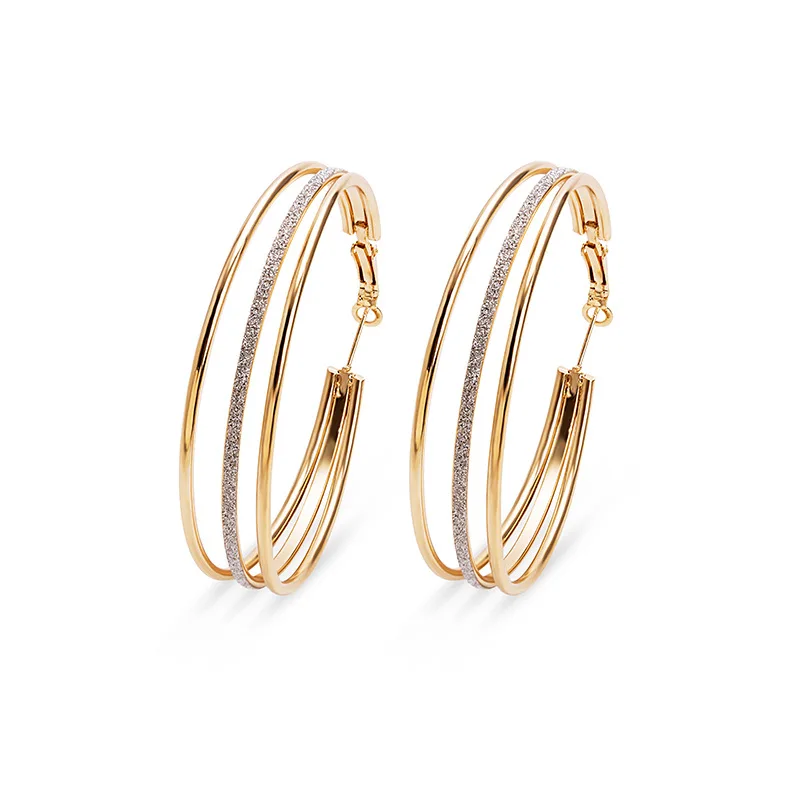 

Wholesale Night Club Decoration Gold Plating Big Multilayer Round Clip On Earrings Bling Crystal Triple Round Hoop Earrings