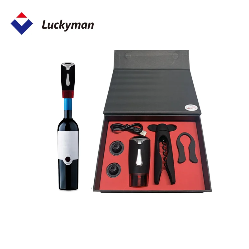 

Luckyman Hot Sale Automatic Air Pump Wine Accessories With Foil Cutter Vacuum Stopper, Black