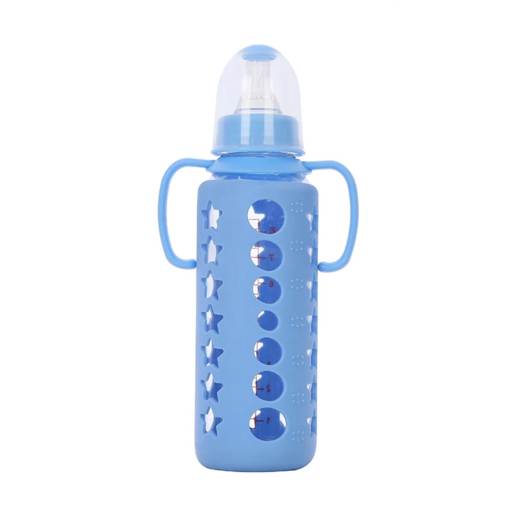 

2021 new arrival baby milk bottle 240 ml glass baby feeding bottle with silicone cover, Blue, pink, orange, red, custom