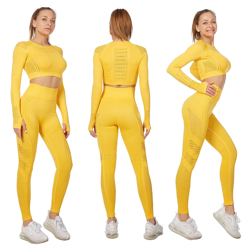 

Vital Women Sport Suit Yoga Set Gym Workout Clothes Long Sleeve Fitness Crop Top + High Waist Energy Seamless Leggings