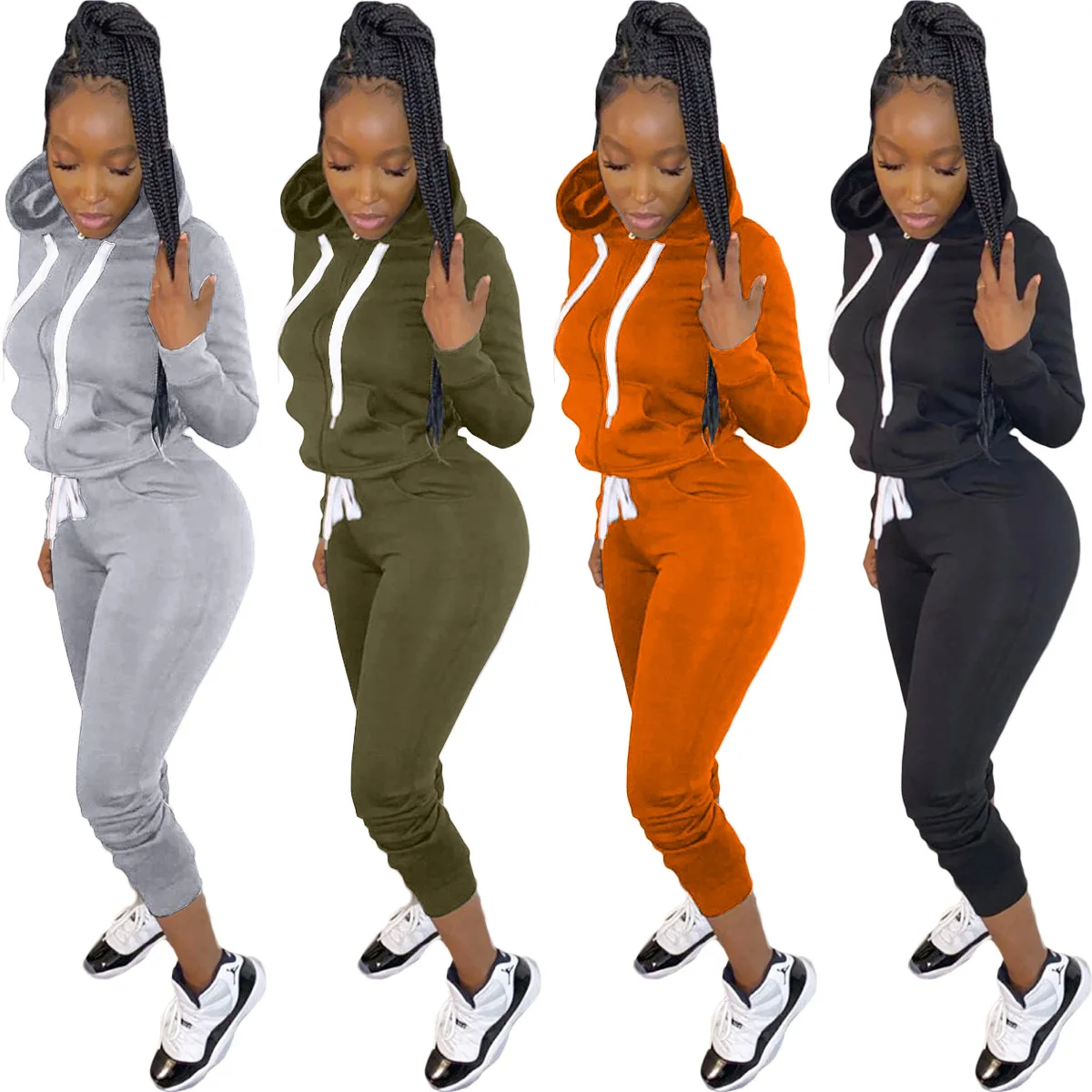 

MOQ 1PC 2 Piece Jogger Sets Clothing Sweatshirt Plain Hoodie Sets Ladys Two Piece Sweat Suit, Picture shows