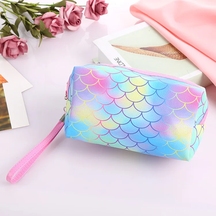 

Travel Girls Ladies Pink Blue PU Leather Fish Scale Digital Print Mermaid Theme Party Gift Makeup Pouch Organizer Cosmetic Bags, 3 choices