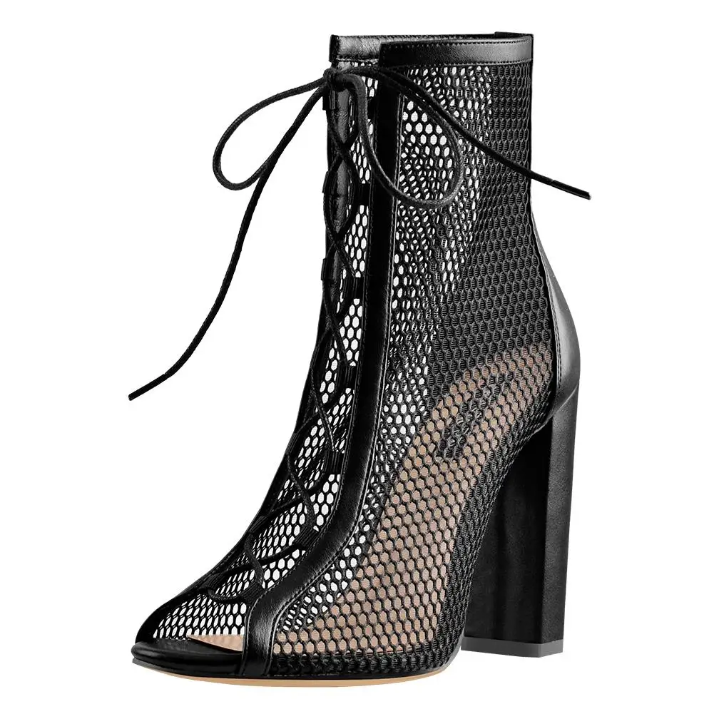 

Chunky Heel Peep Toe Lace Up Mesh Ankle Booties Sandals, Black