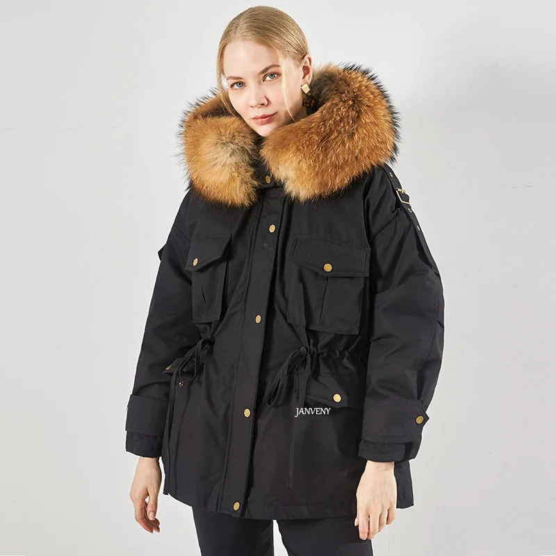 

JANVENY Winter Keep Warm Real Raccoon Fur Collar Duck Down Coat Women Mid Length Casual Hooded Warm Loose Tooling Puffer Jacket