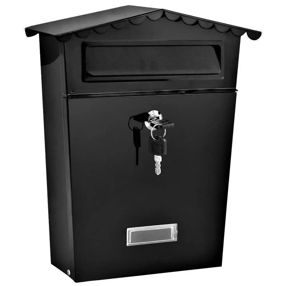 AJF Waterproof Outside Lockable Metal Mailbox Strong Tough Galvanised Powder Coated Black Wall Mounted Letter Mail Post Box