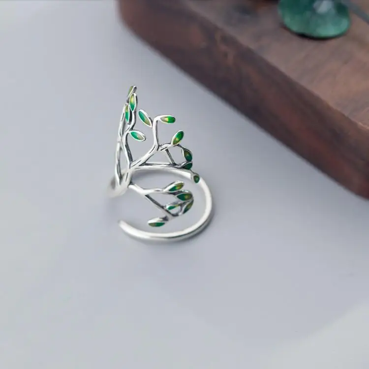 

Fashionable Design Woman Green Leaf Branch Gift Ring Resizable 925 Sterling Silver Rings With Pendants Wedding Jewelry