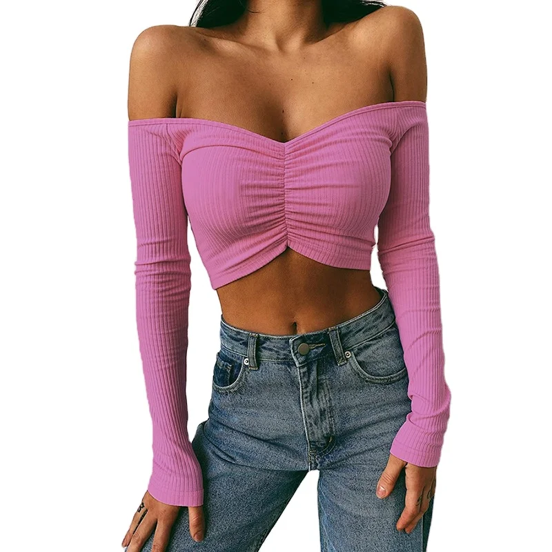 

T1732872 Good quality made in china crop top mujer sexy crop tops t-shirts women slash neck solid bodycon knitting long sleeve