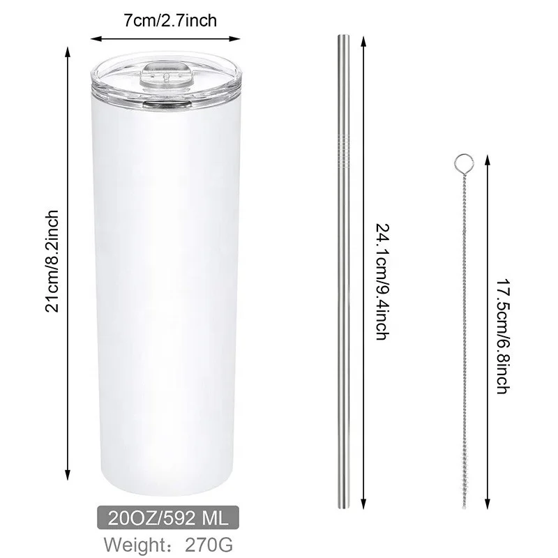 

20oz skinny stainless steel sublimation blank coffee tumbler with straws and lids