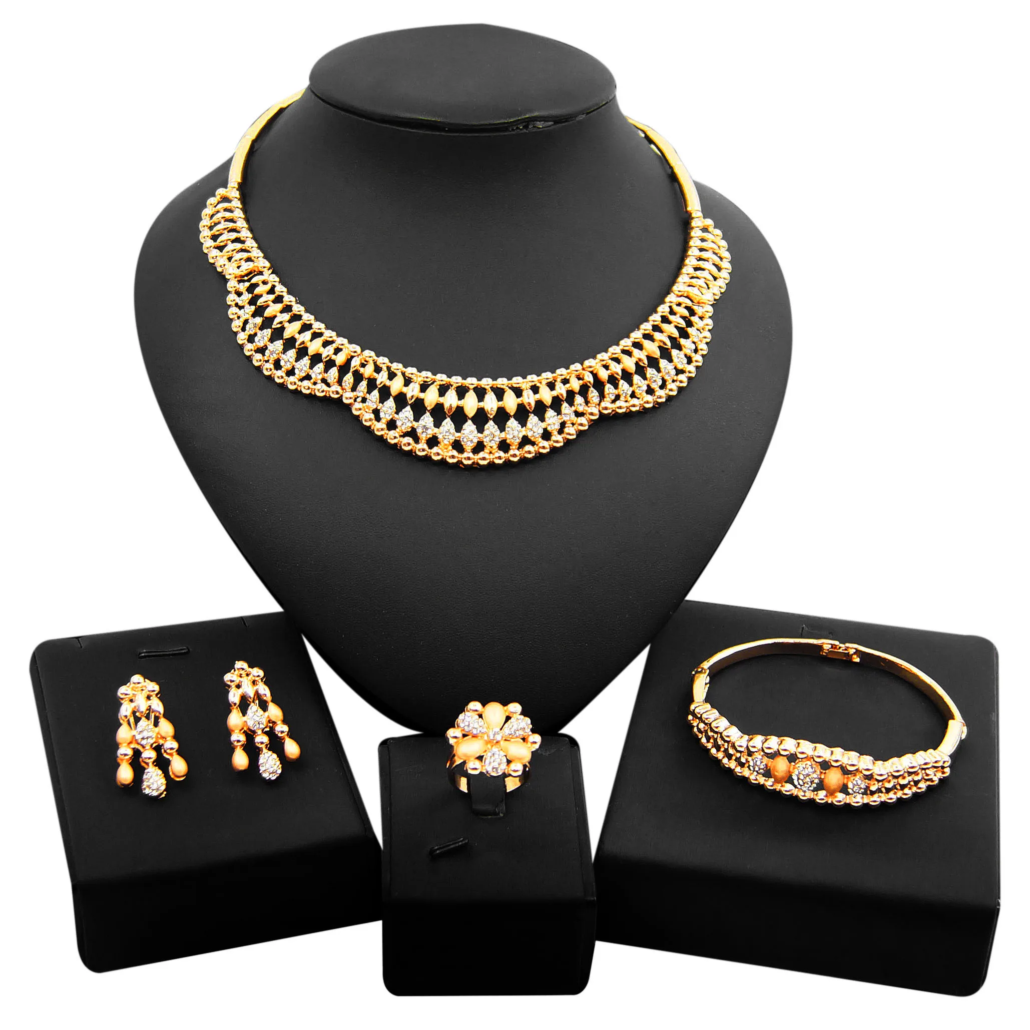 

Yulaili New Design Fashion Romanian Gold Style Jewelleries Set Fine Gift Copper Alloy Women Cheap Necklaces Crystal Wedding Sets