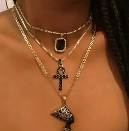 

Layered Cross Statue Pharaoh Crystal Chain Black Necklace for Women