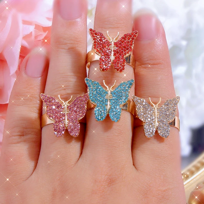 

2020 New Chic Bling Jewelry Gift for Women Beautiful Colorful Wings Finger Rings Gold Plated Pave Crystal Butterfly Rings, Gold color