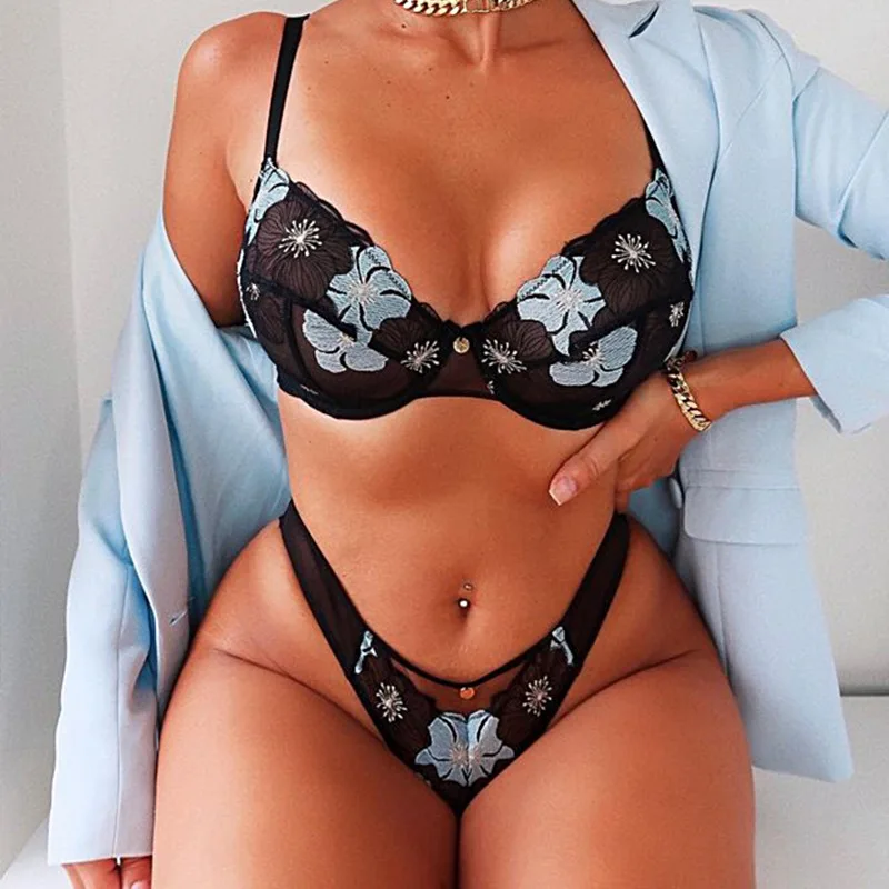 

Ebay Women'S Sexy Hollow Flower Lace Embroidery Gathered Underwear Split Sexy Underwear Set, Black, light pink, rose red