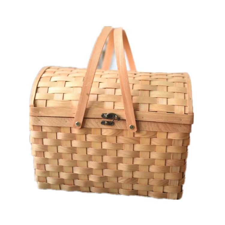 

Korean style cheap wooden chip woven picnic storage basket with lid and folding handle for two person