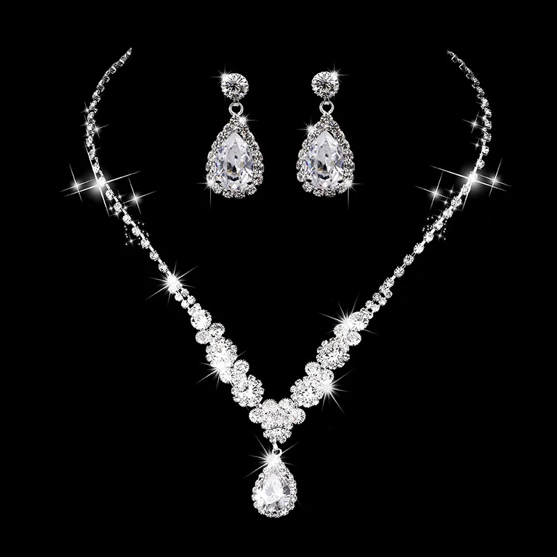 

2021 Wholesale silver plated Cubic Zircon CZ diamond Earrings Necklace Bridal Jewelry set