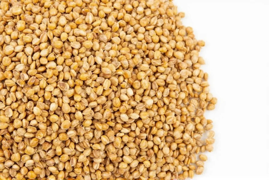 Close-up view of golden-brown fenugreek seeds scattered on wooden surface with measuring spoon