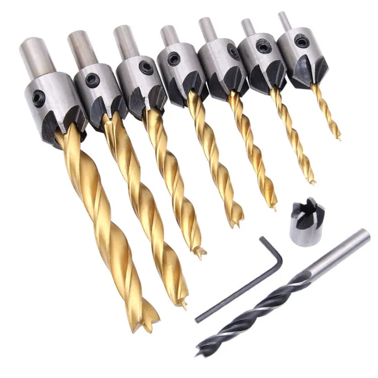 7pcs 3mm-10mm Titanium HSS Wood Drill Set Woodworking Countersink Chamfer Drill Bits