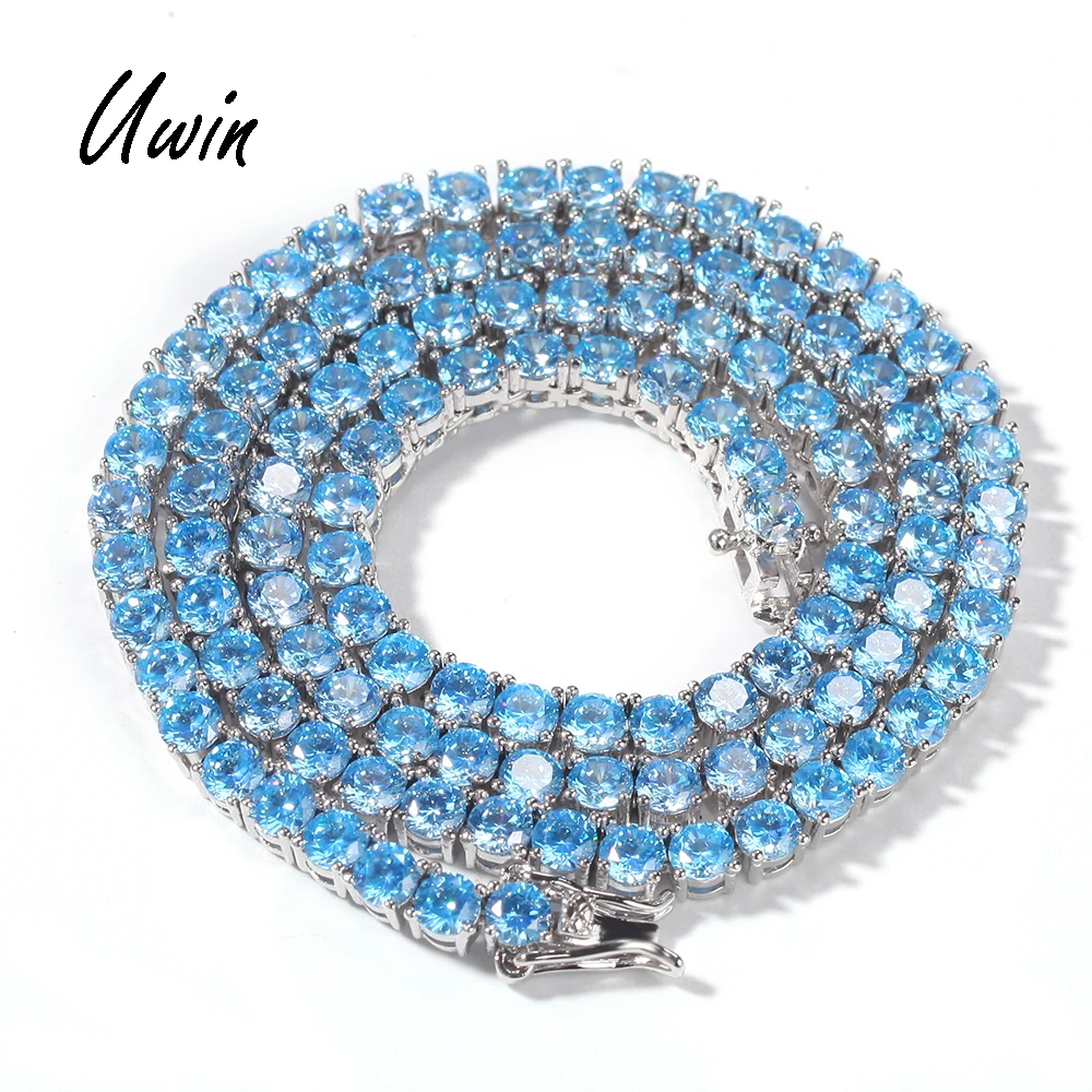 

4mm Iced Out Baby Blue CZ Tennis Chain Necklace Wholesale Bling Bling Rapper Jewelry, Gold, silver with baby blue