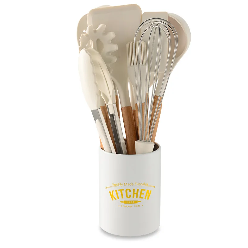 

New milk white wood handle silicone kitchenware set of 10 pieces non stick silicone kitchenware spatula Spoon Set of 10 pieces