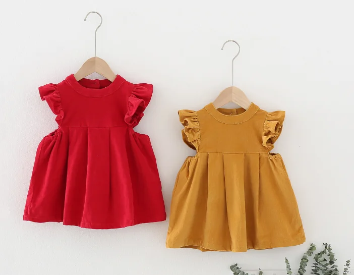 

New 2021spring children's flying sleeve corduroy vest skirt Korean style girl's dress spring dress girls clothes 2-7years