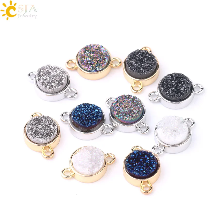 

CSJA high quality natural stone connector silver color bezel round agate druzy connector for jewelry making F686