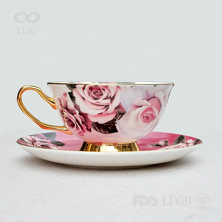 

wholesale colorful ceramic tea cups and saucer red rose bone china tea cup set, Classic white, customization accepted