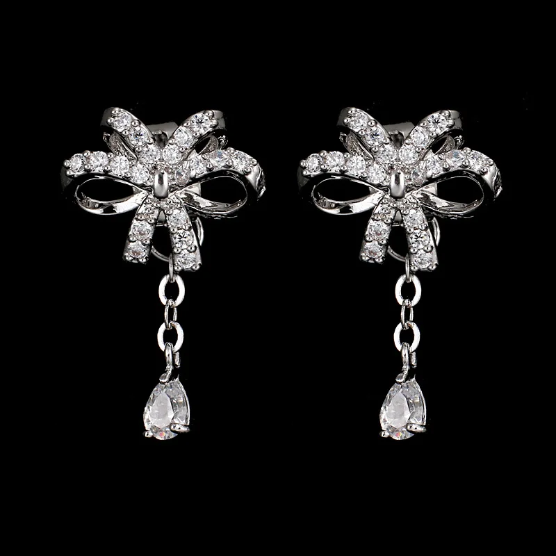 

Clear Crystal Zircon Earring Bowknot Small Water Drop Crystal Pendant Stud Earrings