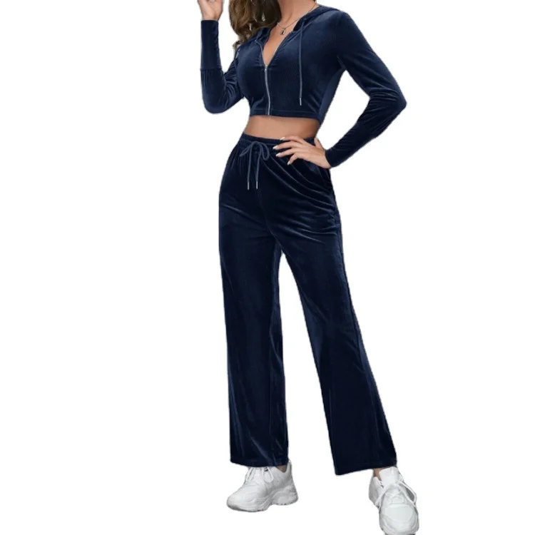 

2021 New Women Zip Front Crop Velvet Jacket and Waist Pants Set Drawstring Cropped Pullover Fitness Set
