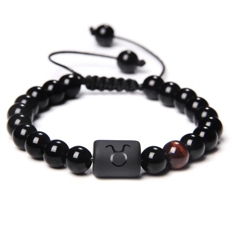 

Fashion Men Bracelet 12 Zodiac Sign Bracelet Handmade Adjustable Black Natural Stone Beads Bracelet Jewelry