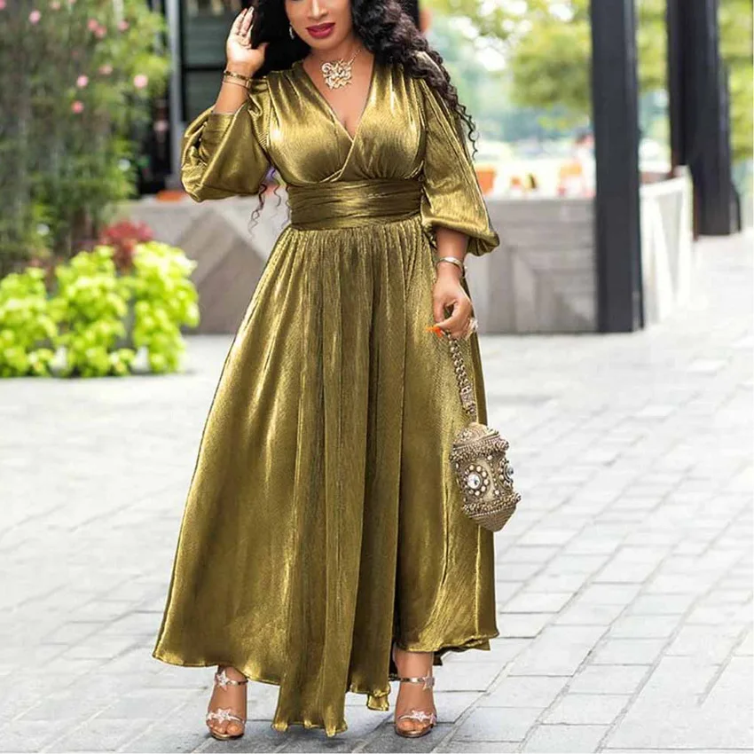 

The new women's dress of the year 2020 is a solid color African v-neck plus-size dress, Shown